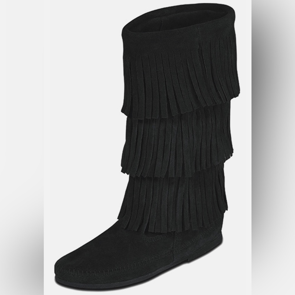 Minnetonka Black 3 Layer Fringe Boots, Size 8 - image 1